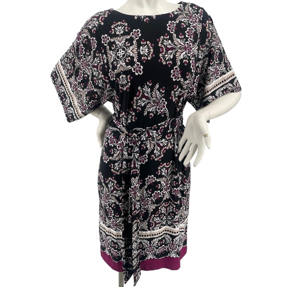 Studio One NY Womens Black Plum White Tan Wide SS Floral Shift Dress Size S